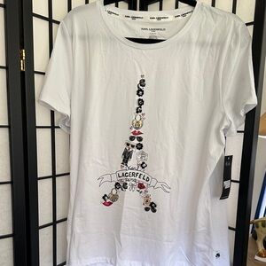 Karl Lagerfeld White Tee with Eiffel Tower Character Graphic